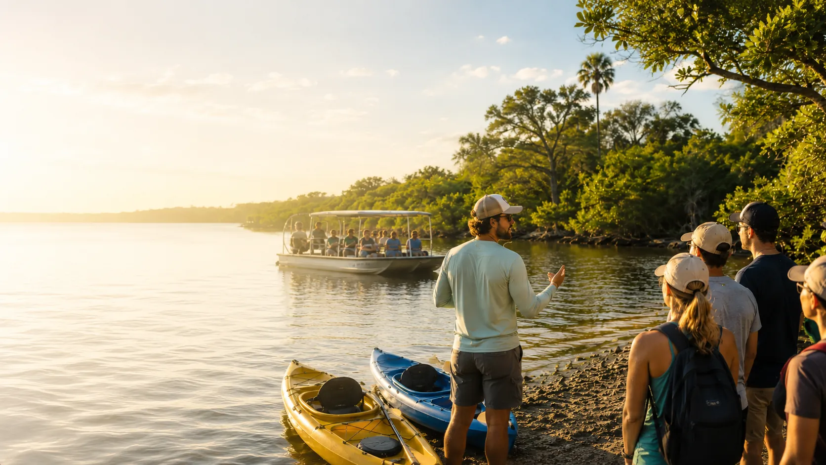 A Florida tour guide briefing a small group beside kayaks on a mangrove river at golden hour