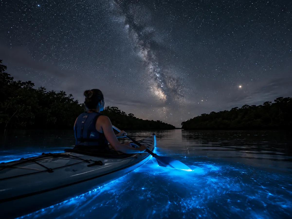 A kayaker on bioluminescent water under the Milky Way