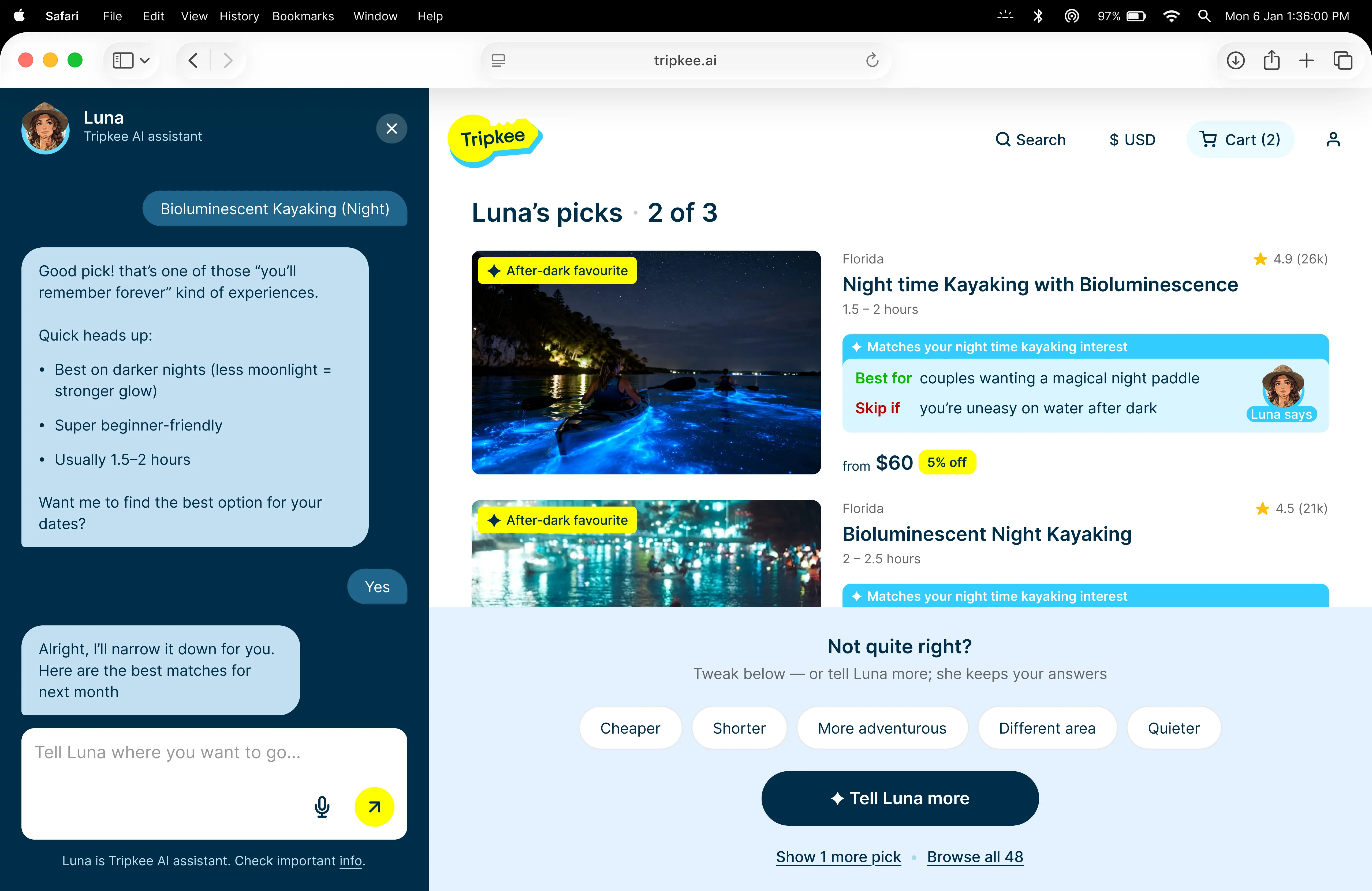 Luna chat panel alongside a matched experience, working design